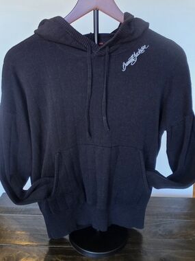 Black Hooded Knit Sweatshirt with Script Chest Detail